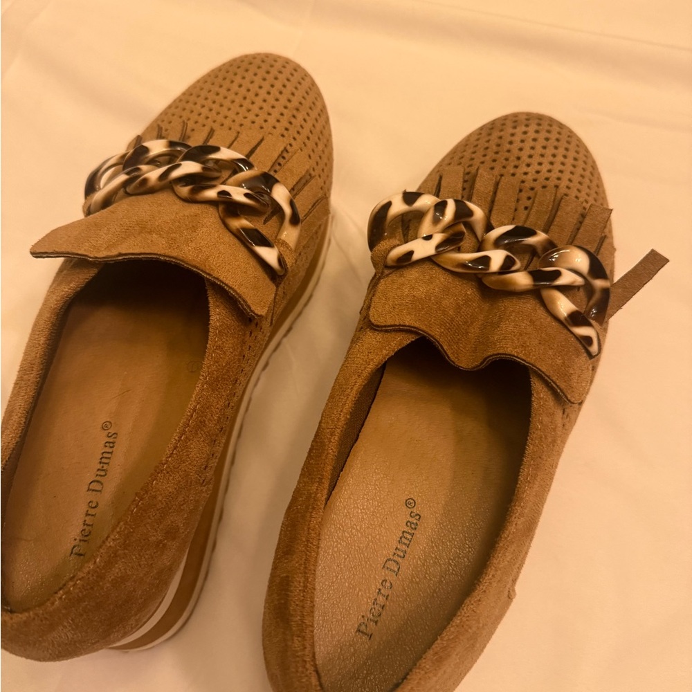 Pierre Dumas Tan Suede Loafers with Tortoiseshell Chain